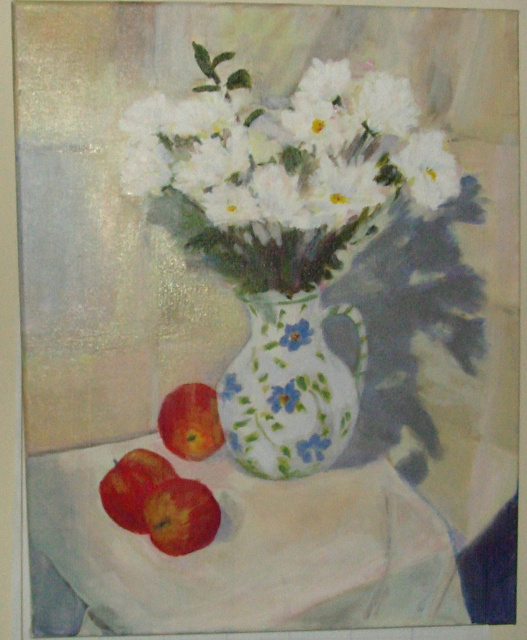 still life daisies painting in process